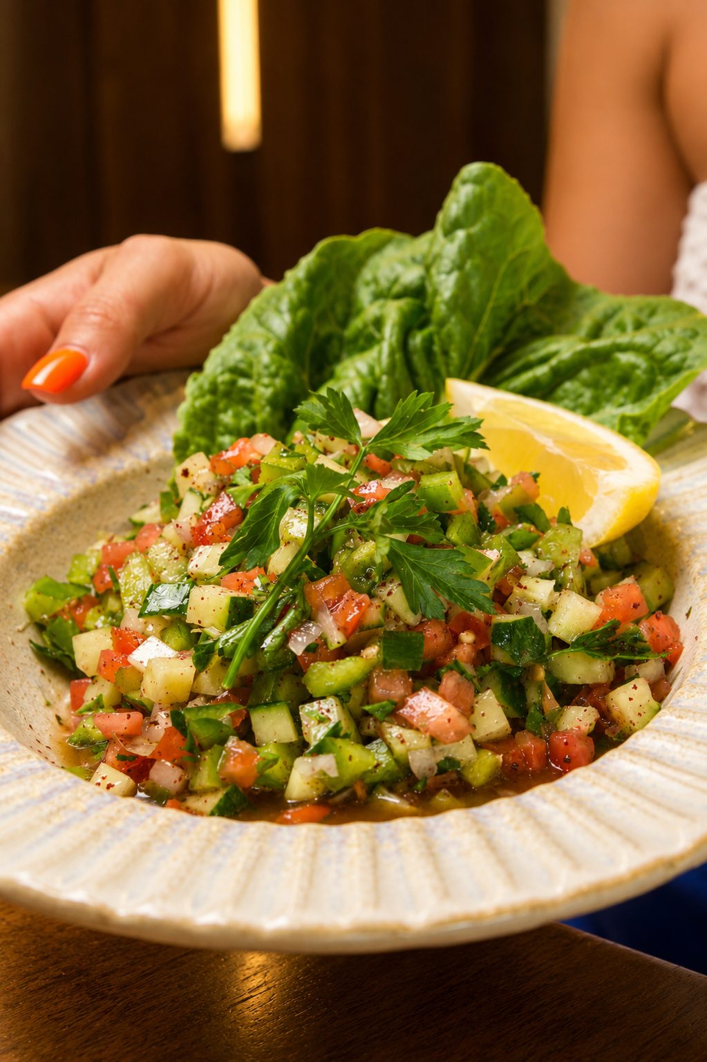 Arabic Salad with tomato, pepper and cucumber at Layali Miami