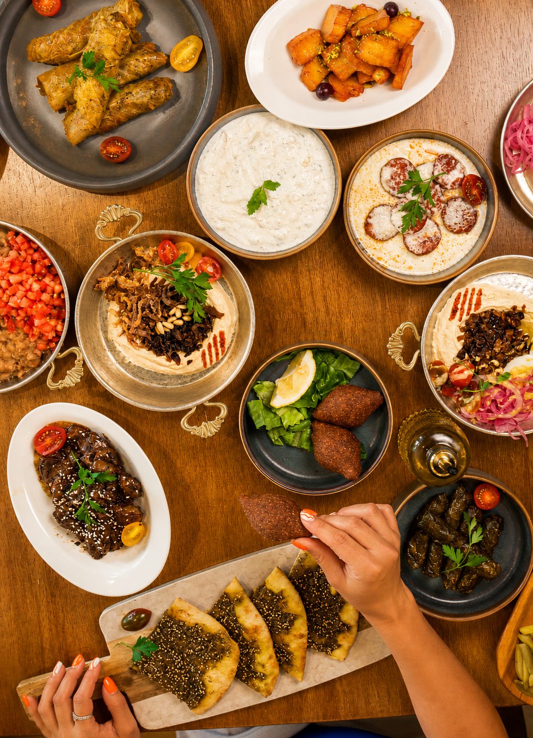 A table of Lebanese mezze for sharing at Layali Miami