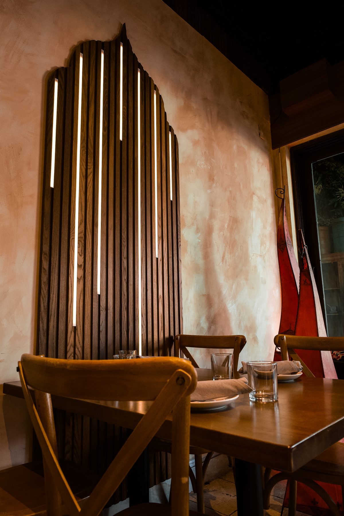 Architectural dining alcove at Layali Miami