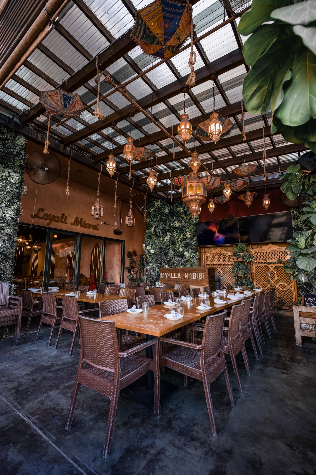 The lantern-lit terrace at Layali Miami in Doral