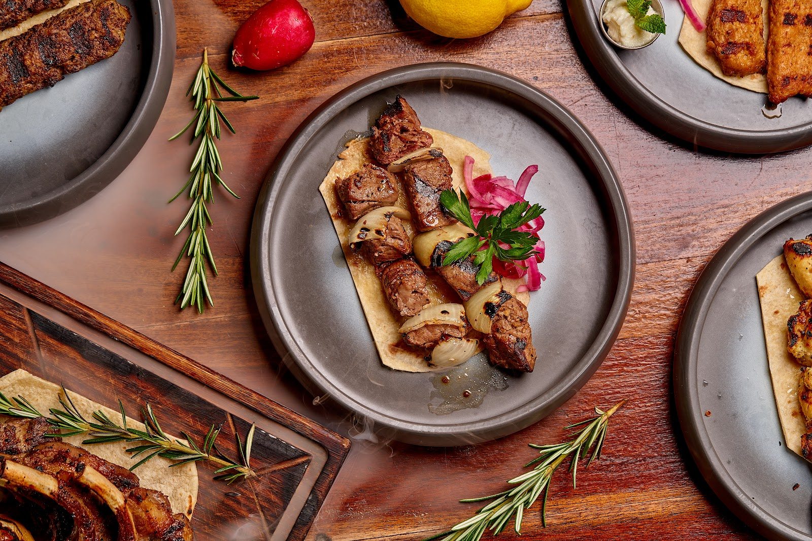 Grilled Shish Kabab with rosemary at Layali Miami