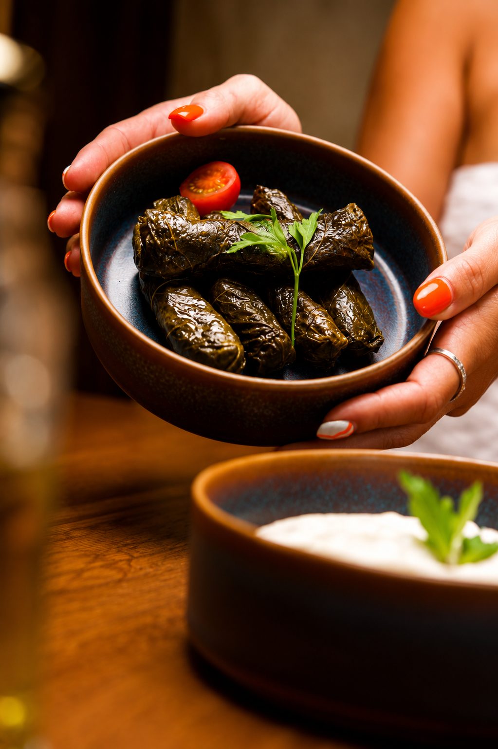 Warak Inab stuffed grape leaves with fresh herbs at Layali Miami