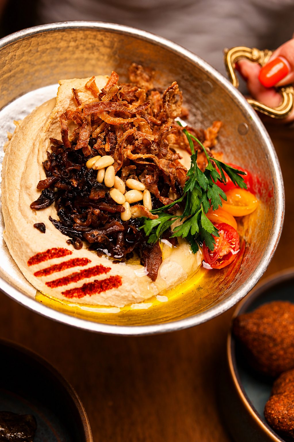 Wild Mushroom Hummus with crispy onions and pine nuts at Layali Miami